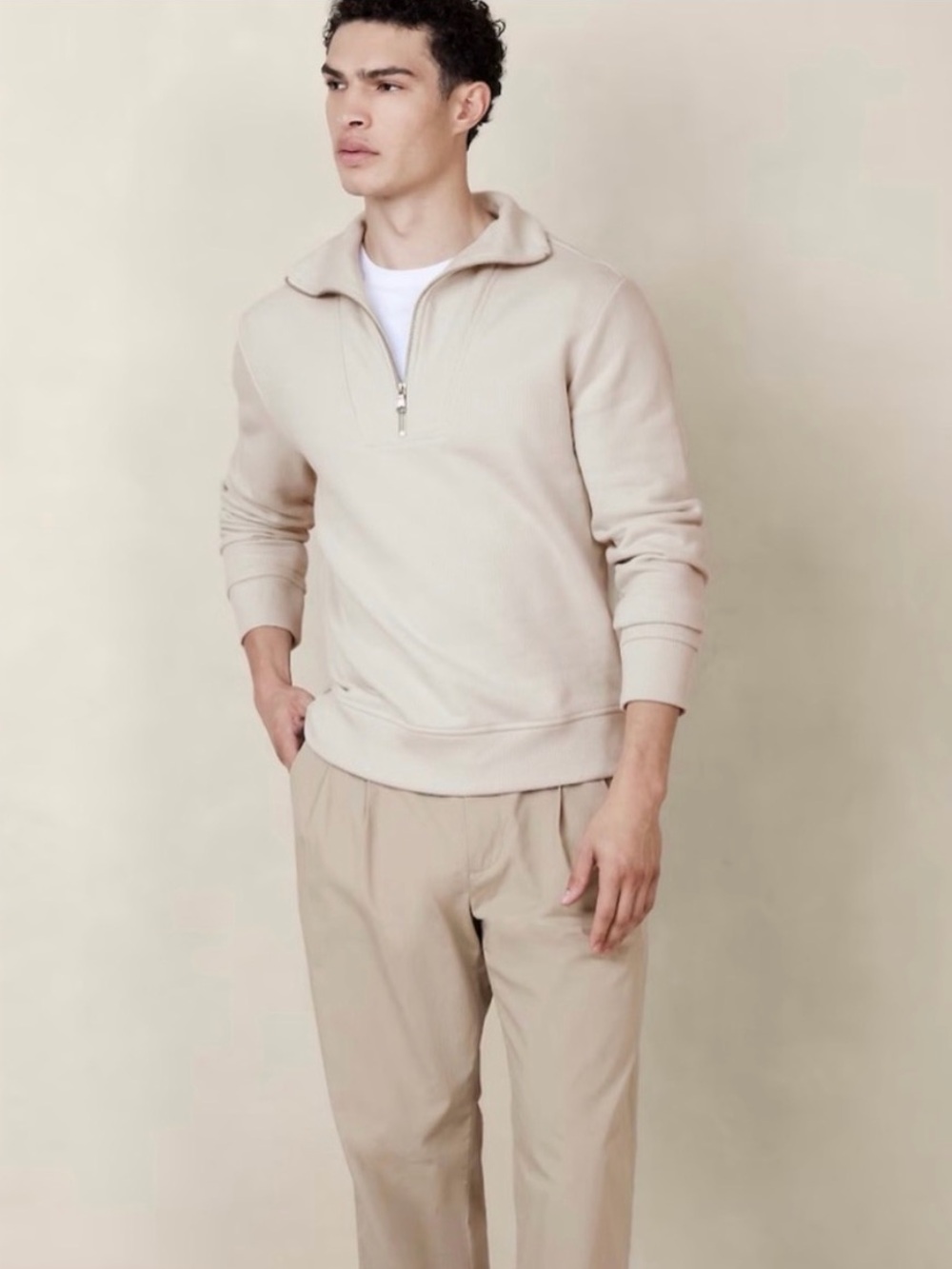 NWT Men's 100% Cotton Banana Republic Half-Zip Pullover Sweater in Light Beige